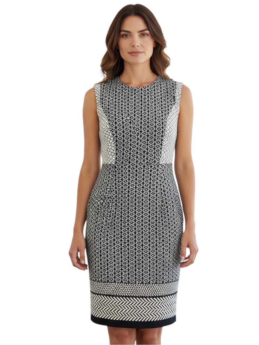 J.Crew Sheath Dress Sz 2 Black White Paneled Fitted Geometric Sleeveless Midi